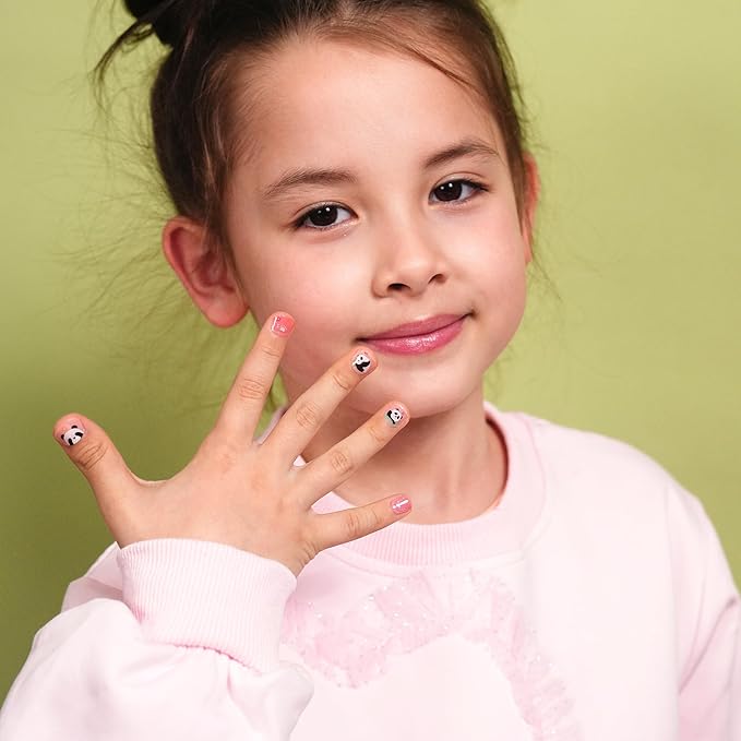 DANNI & TONI Kids Gel Nail Strips Giant Panda Bamboo Flowers Pink Ombre Salon-Quality Peel & Stick Manicure for Children (Age 6+)– Safe, Long-Lasting, Easy to Apply | Panda Pop