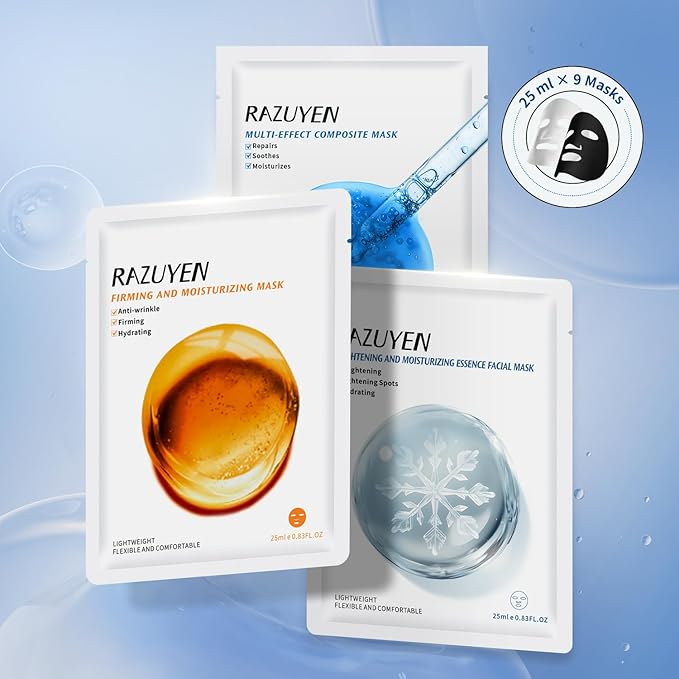 RAZUYEN Face Sheet Masks, 9 Variety Packs, Peptide, Vitamin C & Panthenol B5, Antiaging, Brightening, Soothing Facial Skincare Gift Set for All Skin, Moisturizing Mask Set