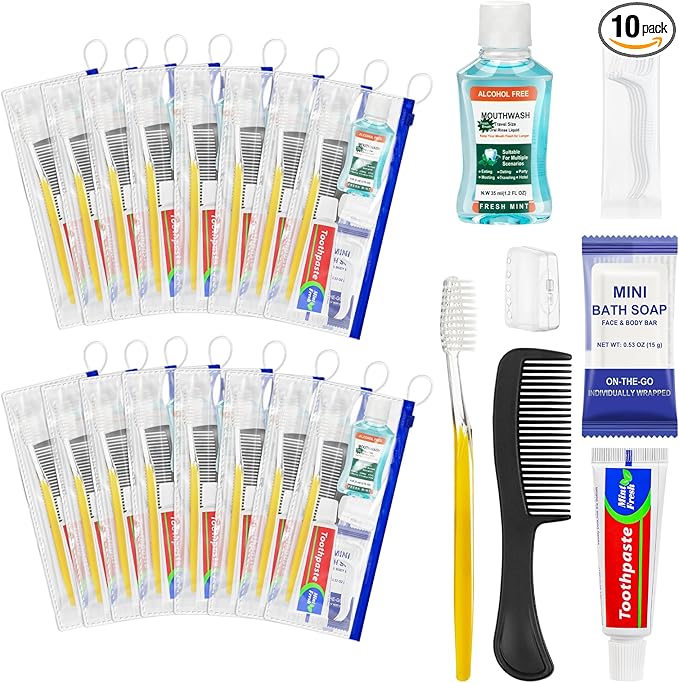 Personal Hygiene Kit Bulk Pack of 10,Yellow Basic Travel Toiletry Set Disposable Toothbrushes with Toothpaste Mouthwash Floss Comb Cover and Zip Bag for Homeless,Charity,Guests