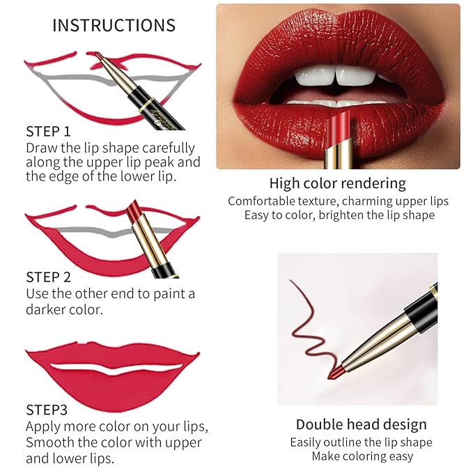 Strawberry Red Lip Liner and Lipstick for Women, Long