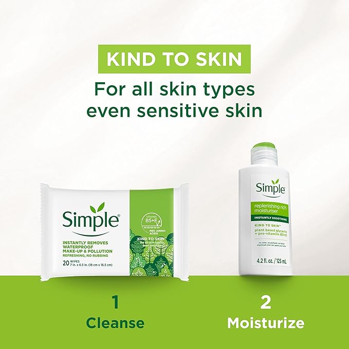 Simple Kind To Skin Micellar Makeup Remover Wipes - Face Wipes Instantly Remove Waterproof Makeup - Enriched with Vitamin B5 and E - Vegan - 20 pc