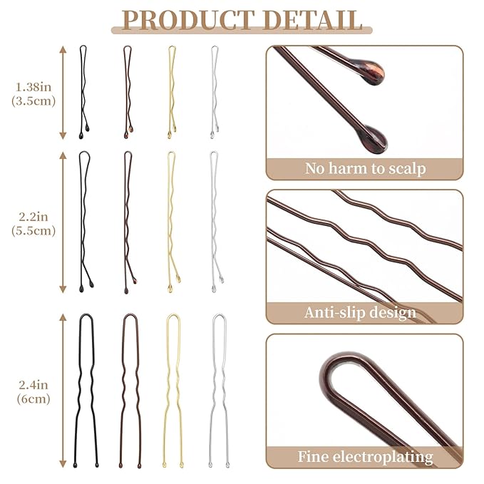200 Pcs Brown Wave-Shaped Bobby Pins Mix Metal Hair Pins Hair Accessories for Women Stylists Hair Sticks Girl