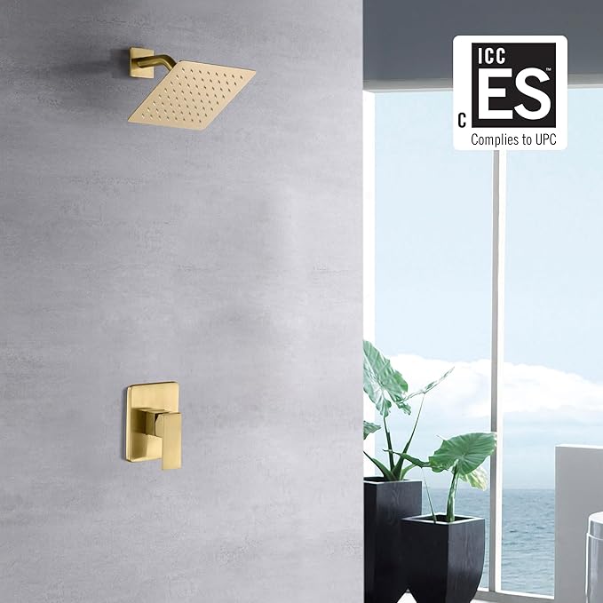 sumerain Pressure Balance Shower Faucet Brushed Gold Finish, 8" Square Rainfall Shower Head Including Rough-In Valve Body and Trim