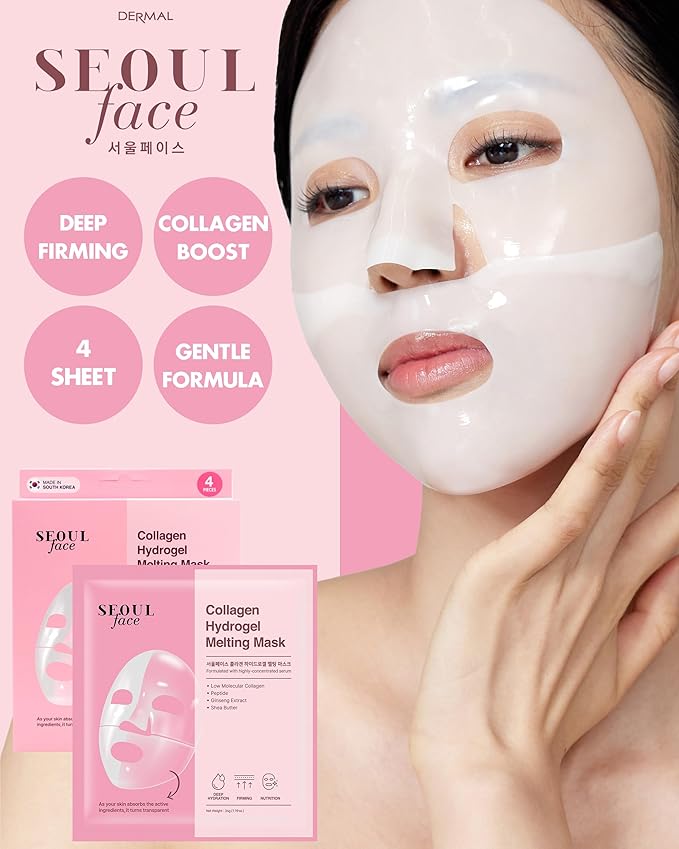 DERMAL Collagen Hydrogel Melting Mask (4 Pack) - Korean Overnight Face Mask for Glassy Skin & Pore Care - Deep Hydration Jelly Gel Sheet with 300Da Low Molecular Collagen - K-Skincare Ritual