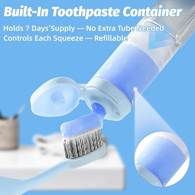 Folding Travel Toothbrush Set, Foldable Travel Toothbrush Kit with 2 Soft Brush Heads, Traveling Size Tooth Brush with Built-in Toothpaste Container for Hiking, Camping, On The Go (Blue)