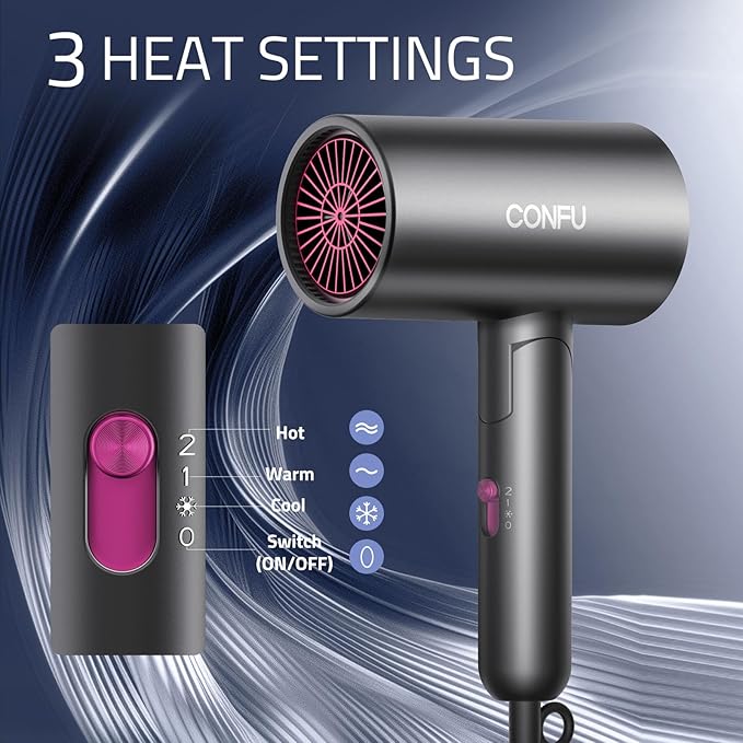 CONFU Diffuser Hair Dryer for Curly Hair,1500W Fast Drying Blow Dryer with Diffuser for Women,Compact & Portable Negative Ion Hairdryer,Mini and Foldable Blowdryer Design for Travel(Gray)