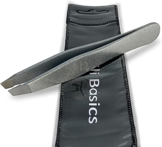 Zizzili Basics Tweezers - Surgical Grade Stainless Steel - Slant Tip for Expert Eyebrow Shaping and Facial Hair Removal - with Bonus Protective Pouch - Best Tweezer for Men and Women