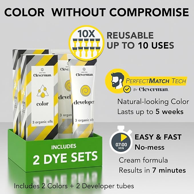 2X Reusable Hair & Beard Dye for Black Men – Dark Brown | Up to 10 Uses, 7 Minutes | Natural Gray Coverage, No-Drip Cream with SkinArmour® – Cleverman