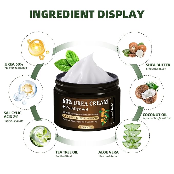 WillCome Urea Cream 60 Percent with 2% Salicylic For Feet Maximum Strength, Callus Remover Gel,Foot&Hand Care Cream Urea Lotion for Dry Cracked Heels and Feet Treatment& Repair,5.29 oz