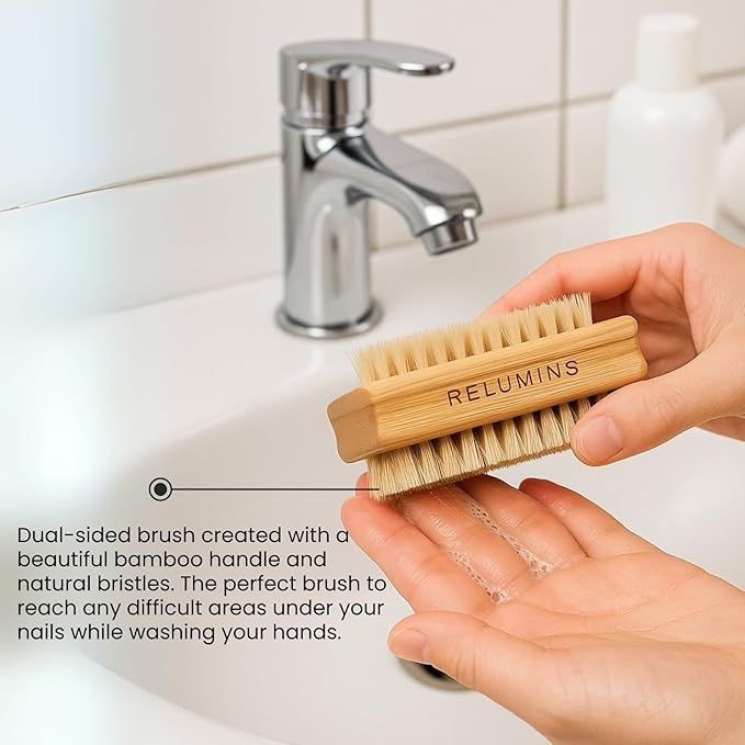 Relumins Dual Sided Nail Brush Bamboo Handle Bristle Exfoliating Tool for Hand Foot Care Grooming Travel Hygiene Use - 3 PC Set