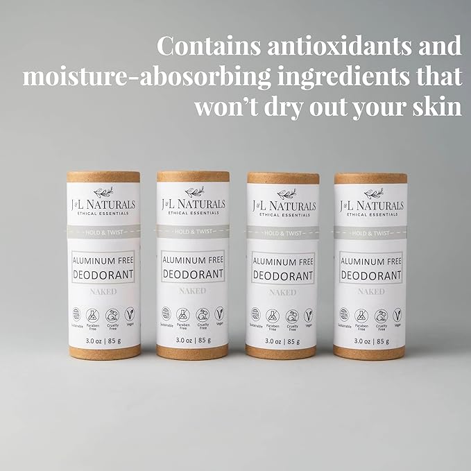 J&L Naturals Aluminum Free Deodorant for Men & Women | 100% Natural Ingredients With Coconut Oil, Shea Butter, & Essential Oils | Sustainable, Eco-Friendly (Naked (Unscented), 3.0 Oz (Pack of 4))