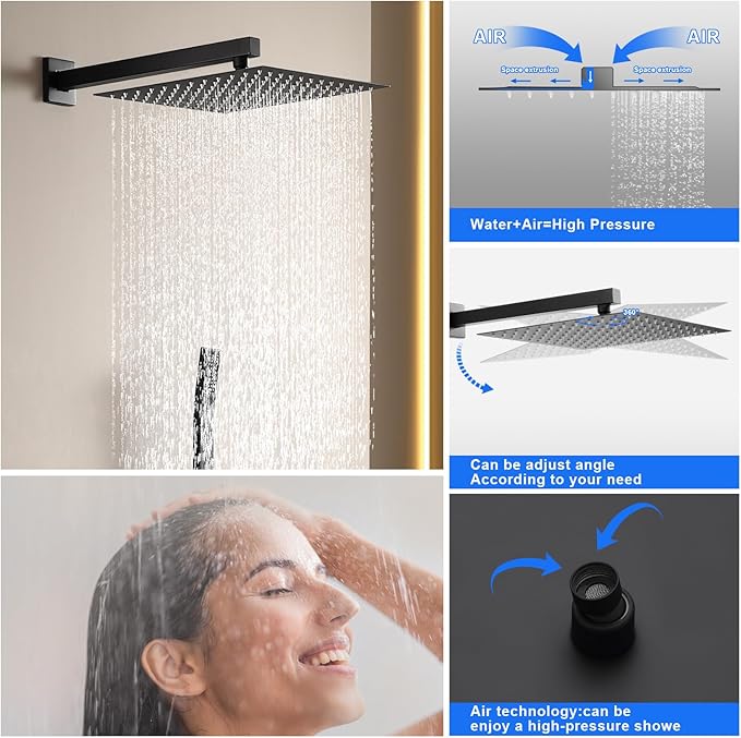 POPFLY Luxury 12 Inch Rainfall Shower System, 3-Function Matte Black High Pressure Shower Faucet Set with Handheld Spray & Bathtub Spout, Wall Mounted Shower Kit for Modern Bathroom