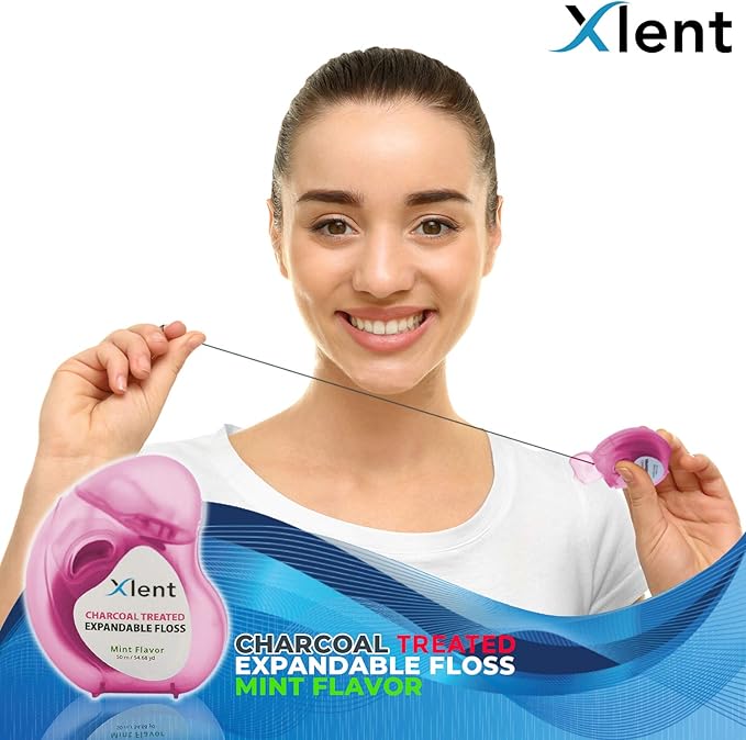 XLENT Floss Expandable Dental Floss – Activated Charcoal with Xylitol & Plant-Based Wax | Fresh Mint Flavor | PFAS & PTFE Free | 50 m x 2