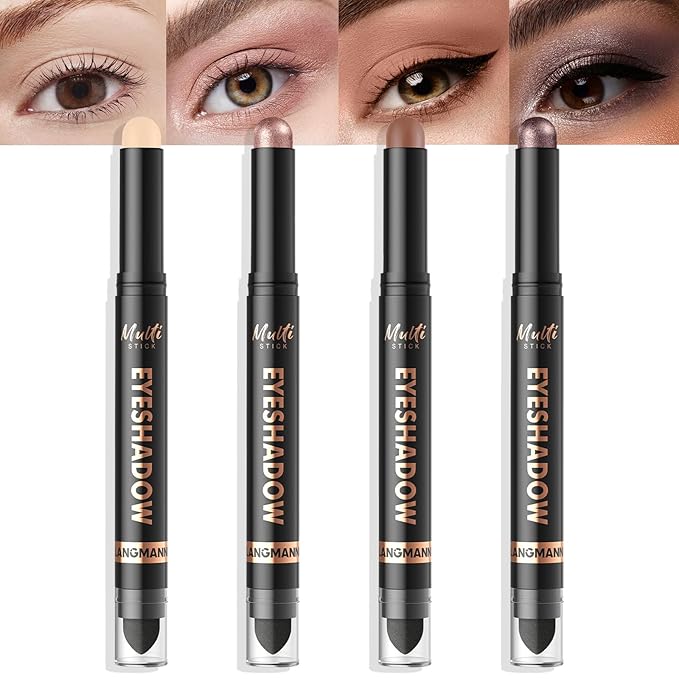 LANGMANNI 4Colors Dual-Ended Cream Eyeshadow Stick Set – Silky Smooth, Waterproof & Transfer-Proof, Built-in Blender Brush, All-Day Matte & Shimmer Wear Eye Makeup(#1+2+3+4)