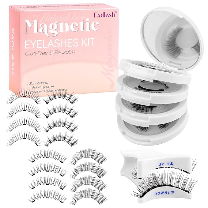 FADLASH Magnetic Eyelashes with Applicator Reusable Magnetic Lashes Natural Look 4 Pairs with Clamp No Glue Needed False Eyelashes Kit Easy to Wear (604+079+806+B7)