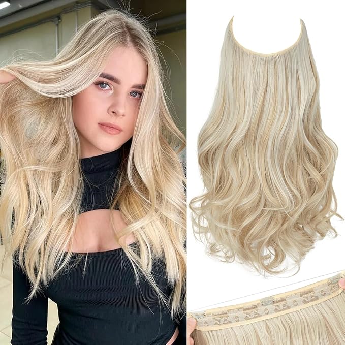 SARLA Invisible Wire Hair Extensions with 3 Clips Long Wavy Curly Synthetic Hairpiece for Women Adjustable Transparent Headband 16 Inch Cream Blonde