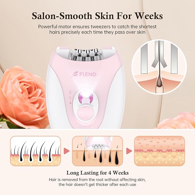 Epilator for Women Hair Removal Device with 36 Tweezers & Massage Pad - Painless LED Smooth Glide Epilator for Face, Arms, Legs & Body