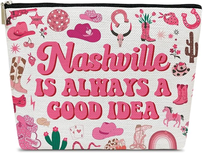 Ythuil Nashville Travel Makeup Bag, Nashville Lover Gift Cosmetic Bag, Country Music Themed Gifts For Traveller Women Friends Sister, Birthday Christmas Bachelorette Party Favors for Girl