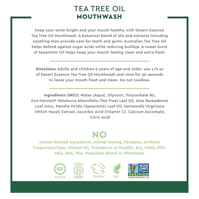 Desert Essence Tea Tree Oil Mouthwash, Spearmint, 16 fl oz - Alcohol Free, Sugar Free, Gluten Free, Vegan, Cruelty Free, Non-GMO - Aloe, Vitamin C & Spearmint Essential Oil - Healthy Teeth & Gums