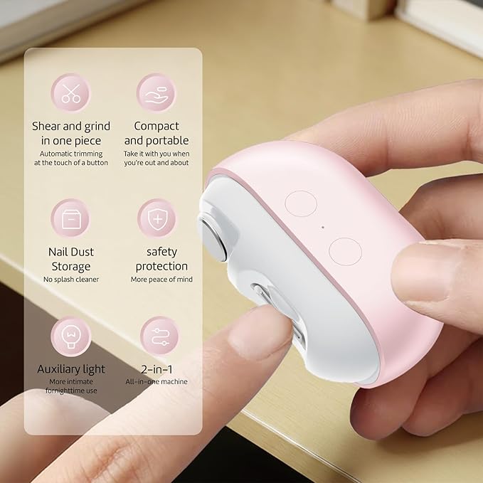 2 in-1 Electric Nail Clipper, Magnetic Cover, Type-C Rechargeable Nail Trimmer with LED Light & Nail Storage Box, for Children, Adults, and Seniors (Pink)