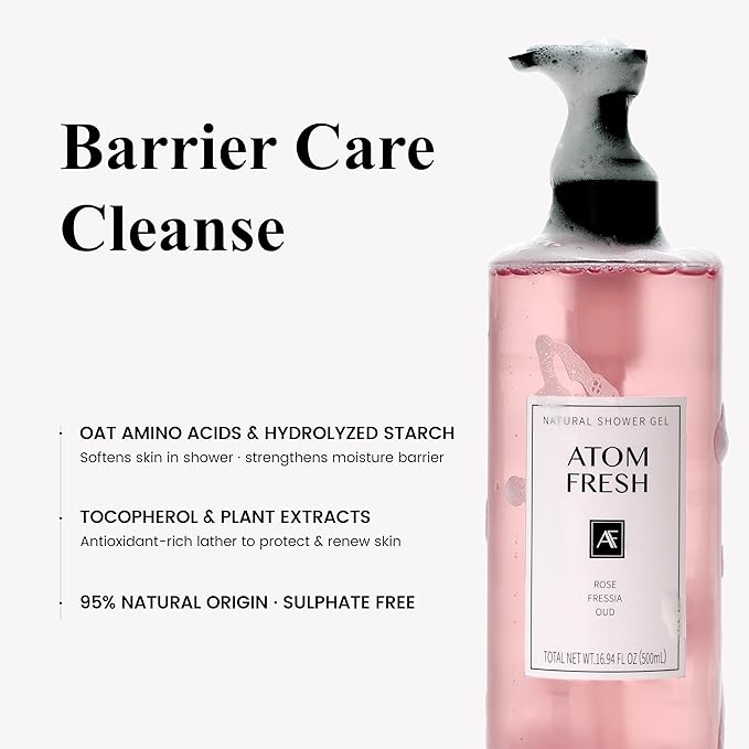 Atom Fresh Fine Fragrance Body Wash – Rose Freesia Oud Scent | Gentle Amino-Acid Cleanser with Oat, Soapberry & Vitamin E | Plant-Based & Sulfate-Free, 16.94 fl oz