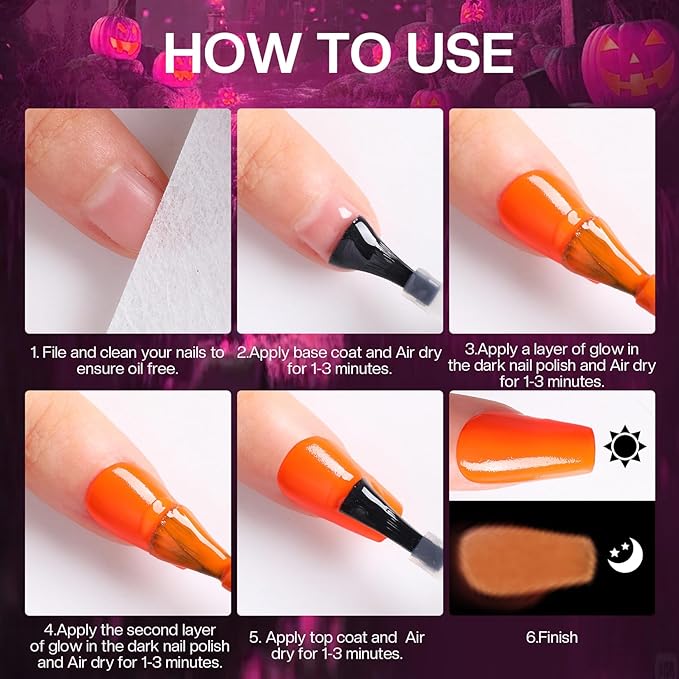 Morovan Neon Nail Polish Set: Glow in The Dark Fingernail Polish Kit Air Quick Dry Regular Nail Polish Pack for Halloween Christmas Winter Nail Art Gift Holiday Party