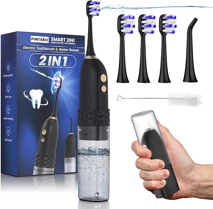 UNINGOPI Portable Electric Toothbrush with Water flosser, 2 in 1 Teeth Cleaning Kit, Electricc, Toothbrush and Water flosser Combo, Travel Toothbrush with Water Bottle(Black)