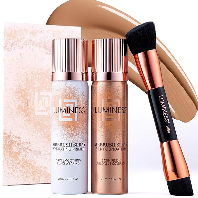 LUMINESS Complete Makeup Kit - Includes Face Palette, Airbrush Foundation, Primer and Brush - Silky, Long-Wearing, Easy to Blend, Perfect Makeup for Older Women, 4-PC Make Up Set (07 - Warm)