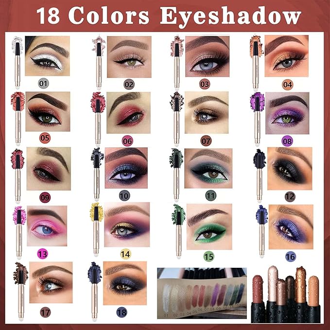 Evergreen Eyeshadow Stick Makeup, Highlighter Matte Cream Eye Shadow Pencil, Waterproof Hypoallergenic Long Lasting Crayon, Glitter Primer Palette Shimmer Eyeliner Pen wiht Soft Brush