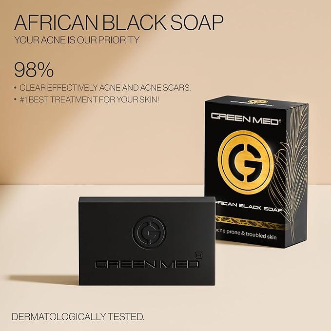 Green Med - African Black Soap - Eliminate Acne | Pimples and Acne Scars | Regenerates the skin | Deep clean pores and Regenerate damaged pores | Face and Body Bar | 2.82oz Soap