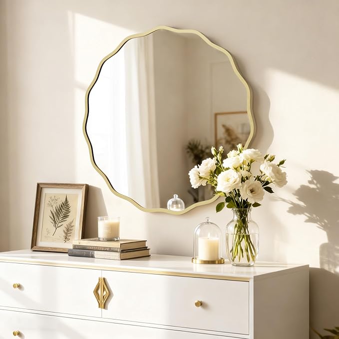 HOMECOOKIN 28 Inch Wavy Round Wall Mirror, Round Wavy Wall Mirror with Aluminum Frame for Bathroom Upgrades, Hotels, Dressing Tables,Farmhouses