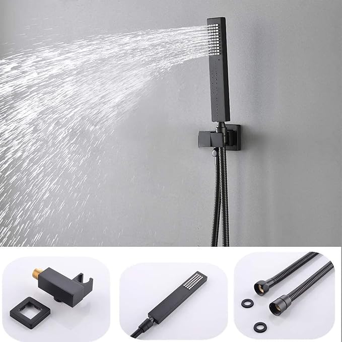 KATAIS Matte Black Shower System with Digital Temperature Display, 16x24 inch Ceiling Shower(Rain&Waterfall Modes), with 6 PCS Body Jet and Handheld Spray