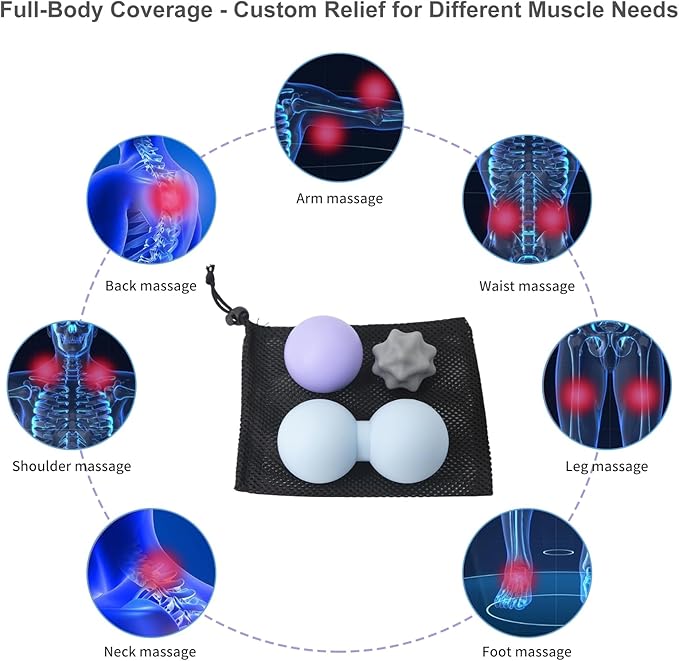 Silicone Massage Ball Set - 3 Therapy Balls for Myofascial Release, Trigger Point & Plantar Fasciitis Relief - Peanut Lacrosse Ball, Pressure Point Ball, Hip & Psoas Release Tool, Mesh Bag