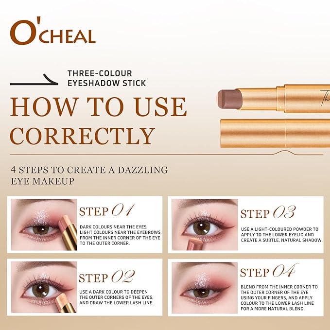 O'CHEAL 3 Color Gradient Eyeshadow Stick Matte Shimmer Waterproof Long-lasting Crease-proof & easy to apply, suitable for dailymakeup touch-ups，Eye shadow pen for Make Up 03#Fine Glitter Orange