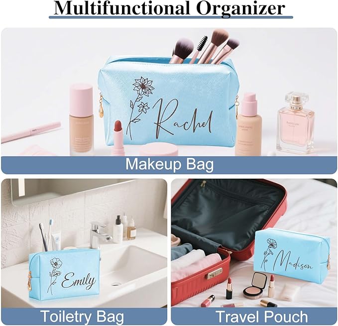 Fincekoom Valentines Day Gifts for Her Teen Girls, Personalized Makeup Bag with Name & Birth Flower, Custom Leather Cosmetic Bags for Women, Customized Travel Toiletry Bag Gifts for Bridesmaid Wedding