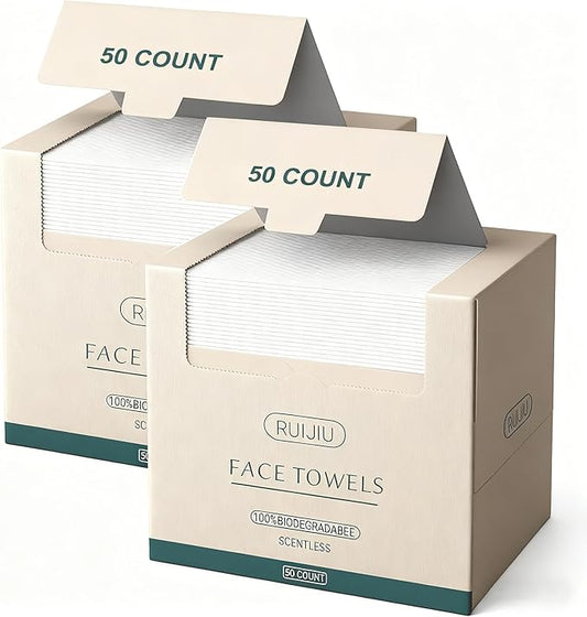100 Count 2 PACK, Disposable Face Towel, Large Size 10"X 12", Disposable Face Cloths, 100% Biodegradable Towel, Skin Soft and Thick for Washing