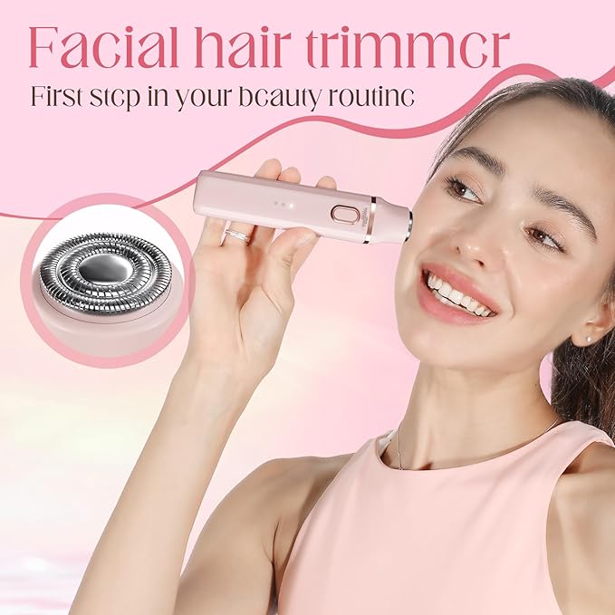 Bikini Trimmer for Women& Body Shaver – Cordless Electric Razor for Silky Smooth Skin | Replaceable Facial Razor Attachment | IPX7 Waterproof, Ceramic Blades & USB Charging Dock – Pink