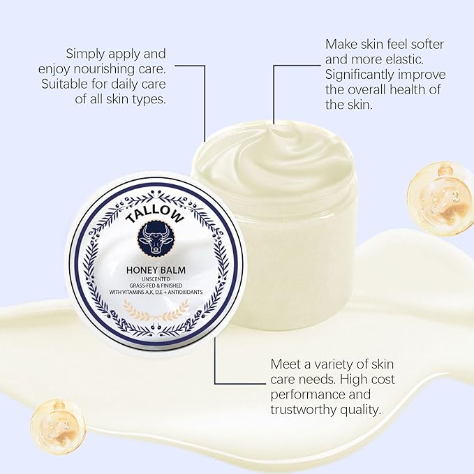 Hemdnt Grass Fed Honey & Tallow Balm -Beef Tallow Beeswax and Honey Moisturizer, Organic Beef Tallow Moisturizer for Face & Body Lotion Skin Care for Sensitive Skin