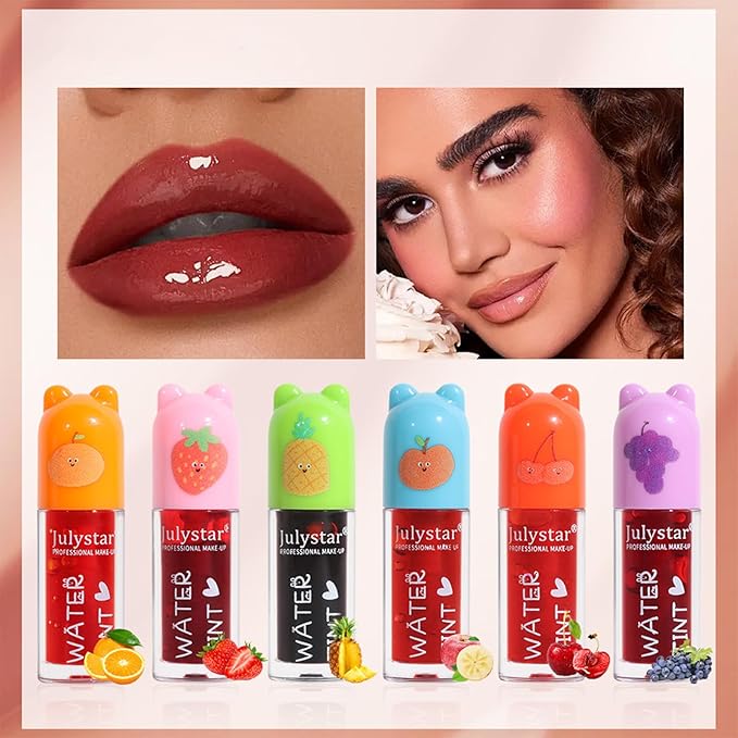 6 Colors Water Based Lip Stain Set，Dyeing Lip Liquid Lip Glaze，Multi-use Korean Moisturizing Velvet Mini Lip Glaze，Vivid Color Lip Stain with Weightless Long lasting Non-Stick Cup Waterproof
