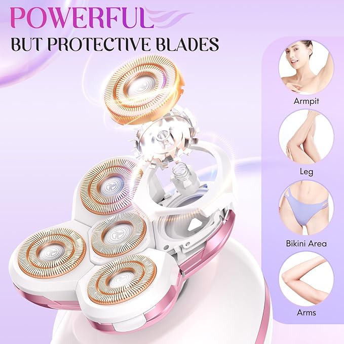 Electric Razors for Women Legs - Painless Body Shavers for Sensitive Skin - 5 in 1 Cordless Lady Trimmer for Women's Leg, Bikini and Face - Waterproof Wet/Dry Remover, Rechargeable, Cherry