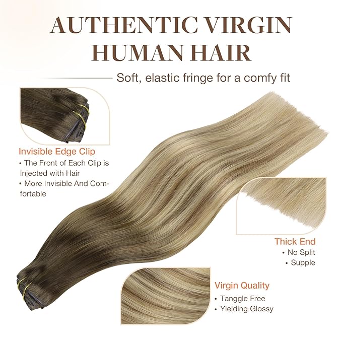GOO GOO Invisi Edge Clip in Hair Extensions 24inch 120g 7Pcs Injected Seamless PU Clip in Hair Extensions, Virgin Real Human Hair, 3/8/613 Balayage Walnut Brown to Ash Brown and Bleach Blonde
