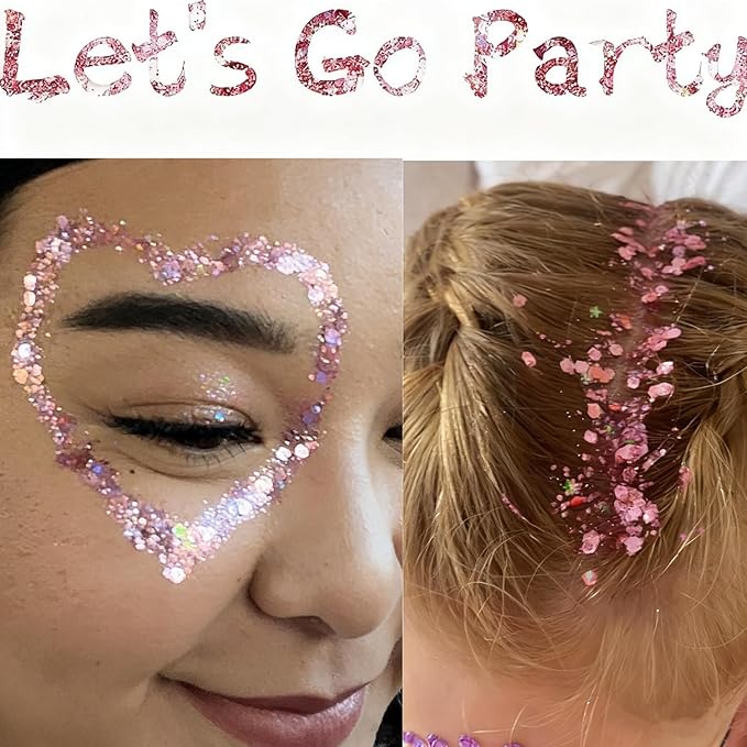 Go Ho Pink Face Body Glitter Gel,Singer Concerts Pink Face Paint Makeup Holographic Chunky Sequins Glitters for Hair/Nails/Lip,Music Disco Outfit for Women,Festival Accessories,52g