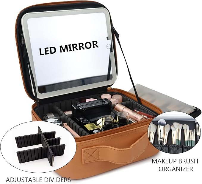 SLUMAZI Travel Makeup Bag with LED Mirror Travel Makeup Organizer with 3 Lighted Settings, Adjustable Dividers and Makeup Brush Storage Bag Caramel