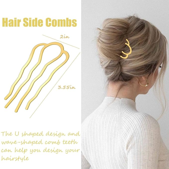 6 Piece Metal Hair Side Combs Hair Fork Clip Pins for Updo Bun, U Shape for Vintage Hairstyle Hair Accessories (Black/Silver/Gold-4 Teeth)