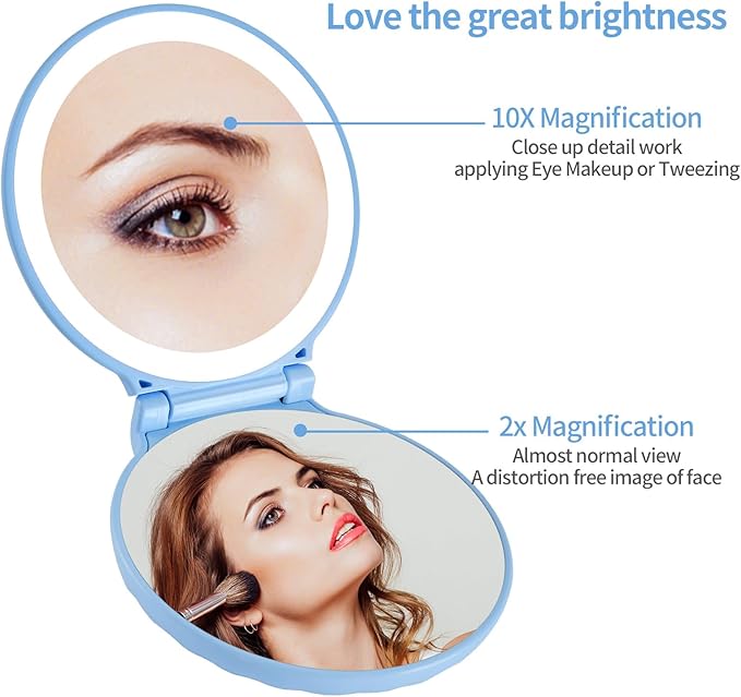 Compact Makeup Mirror, 10X /2X Magnification, Compact Travel Mirror with 3-Level Brightness, Shell Led Compact Mirror with Light, Small Gifts for Women & Men, Portable, Handheld