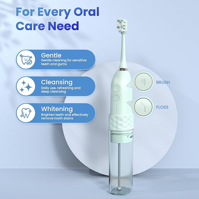 UNINGOPI Portable Electric Toothbrush with Water flosser, 2 in 1 Teeth Cleaning Kit, Electricc, Water Flosser and Toothbrush Combo, Travel Toothbrush with Water Bottle(Green)