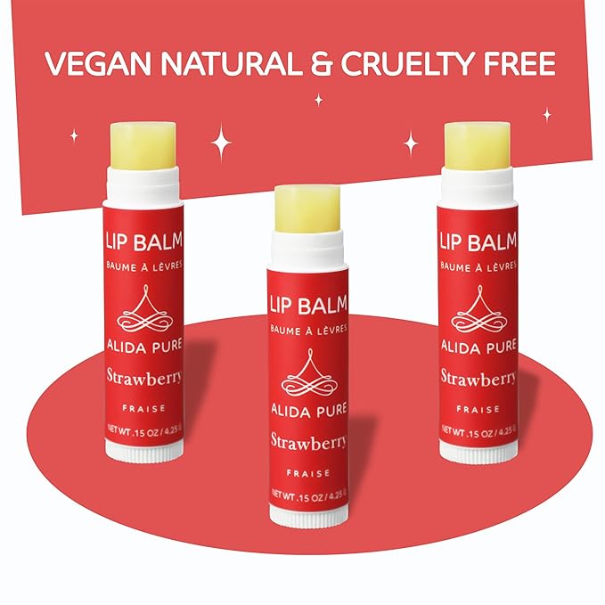 ALIDA PURE Strawberry Lip Balm Collection, Vegan Set, Beeswax Free, with Organic Jojoba and Avocado Oil, Vitamin E, Natural Moisturizer for Dry, Chapped Lips, 3 Tube Set
