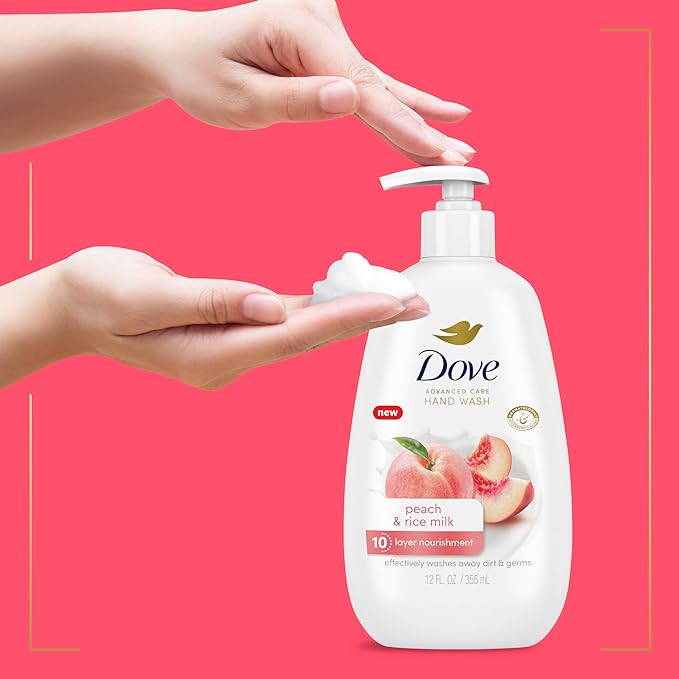 Dove Advanced Care Hand Wash Peach & Rice Milk 4 Count for Washing Away Dirt & Germs While Nourishing Skin 10 Layers Deep, with Moisture Boost 5X Complex