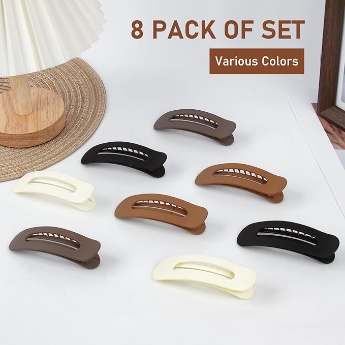 Large Lay Flat Claw Clips for Women, 8 Pack Ergonomic Curved Hair Clips, Strong Hold Non-Slip Design for Thick & Thin Curly Hair, French Side Slide Barrettes, Comfortable All-Day Wear for Girls