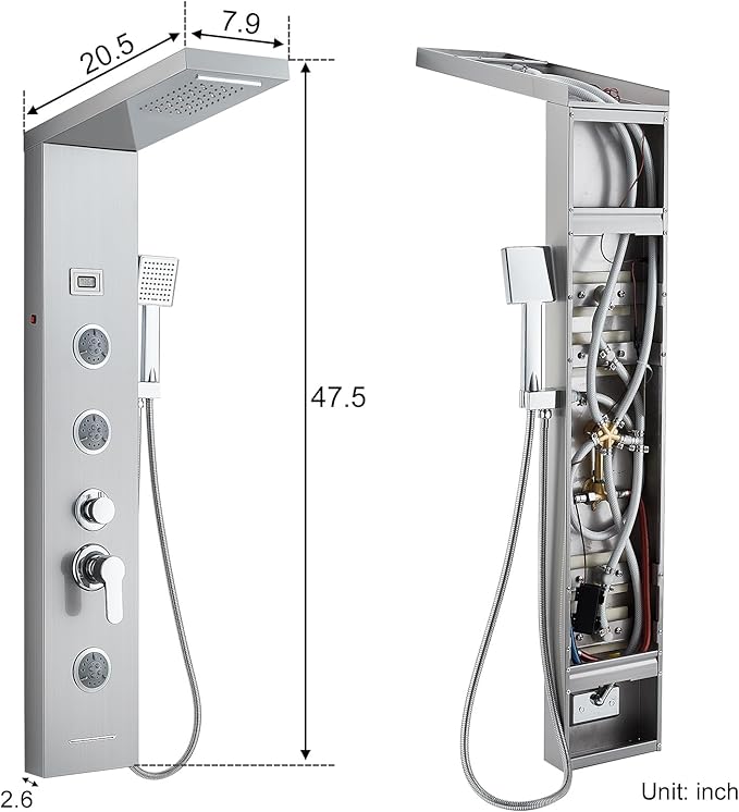 TSIBOMU 5 in 1 Shower Panel Tower System with LED Lights, Rainfall and Waterfall Shower Head, 3 Pcs Adjustable Body Jets, Handheld Shower, Tub Spout (Brushed Nickel)